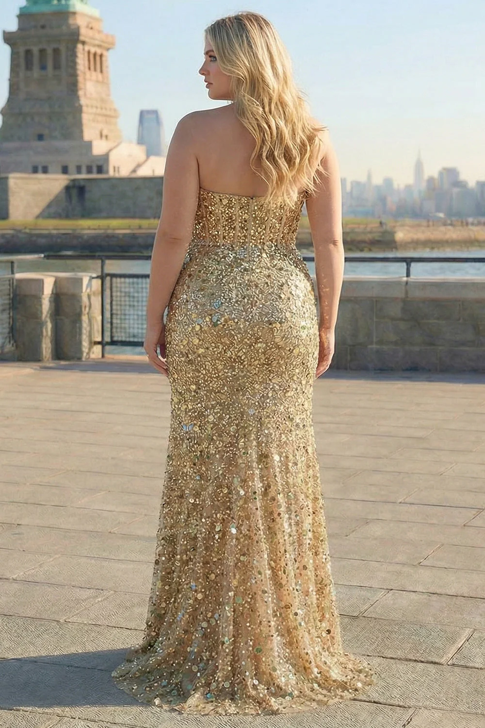Sparkly Golden Strapless Sequins Sheath Plus Size Long Prom Dress with Slit - Image 2