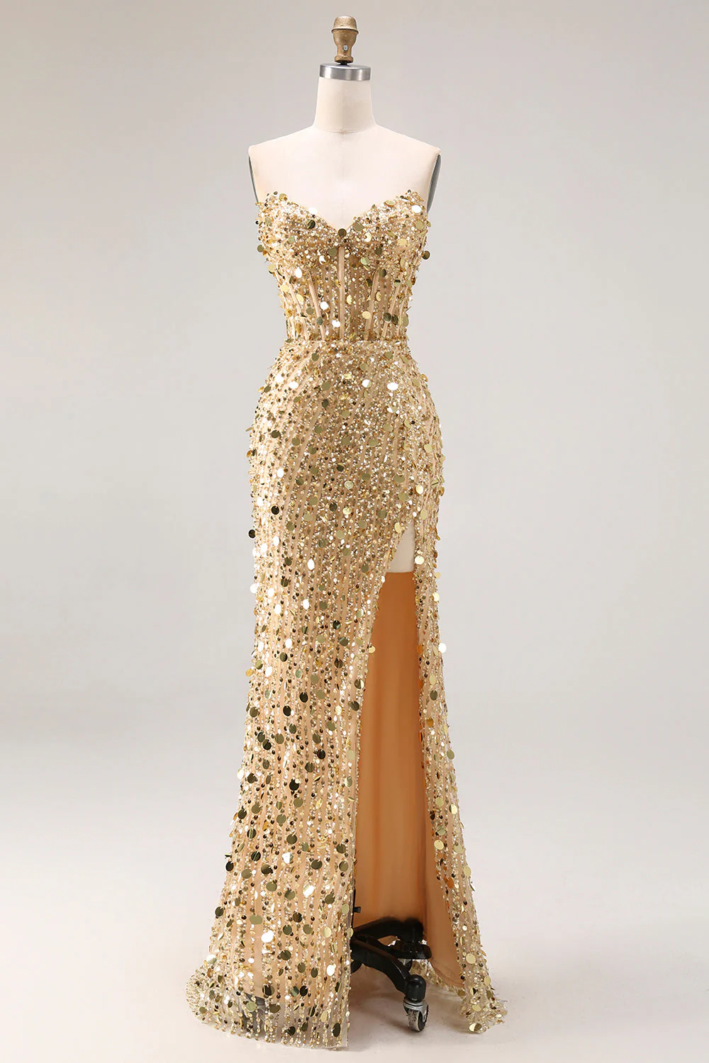 Sparkly Golden Strapless Sequins Sheath Plus Size Long Prom Dress with Slit - Image 4