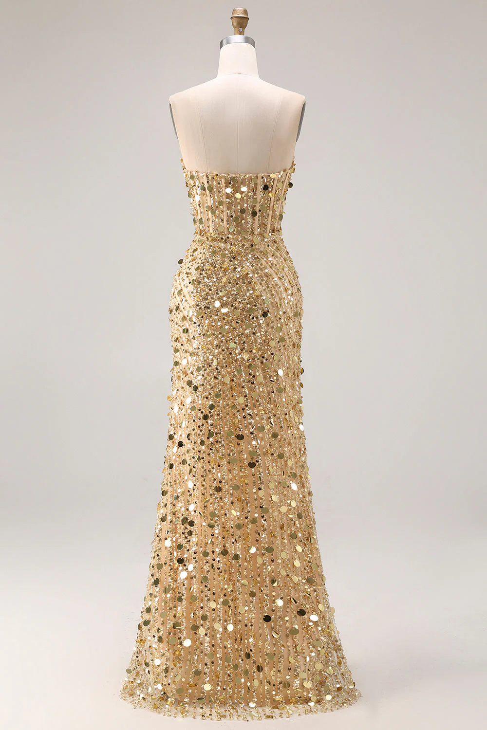 Sparkly Golden Strapless Sequins Sheath Plus Size Long Prom Dress with Slit - Image 5