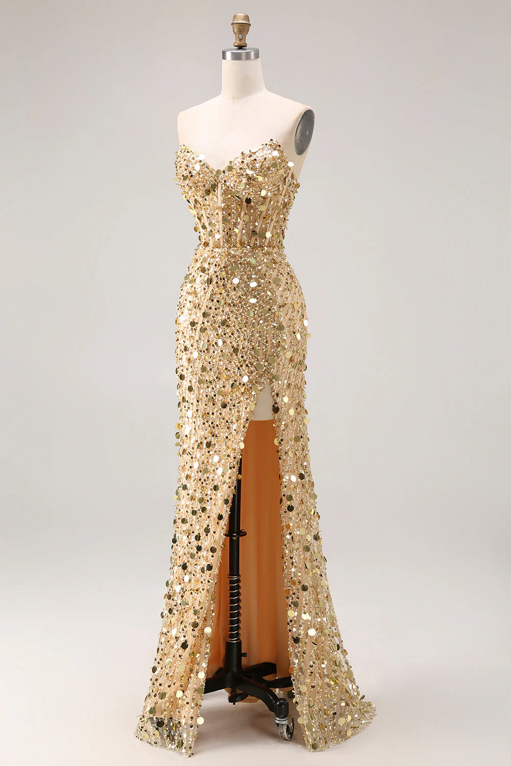 Sparkly Golden Strapless Sequins Sheath Plus Size Long Prom Dress with Slit - Image 6