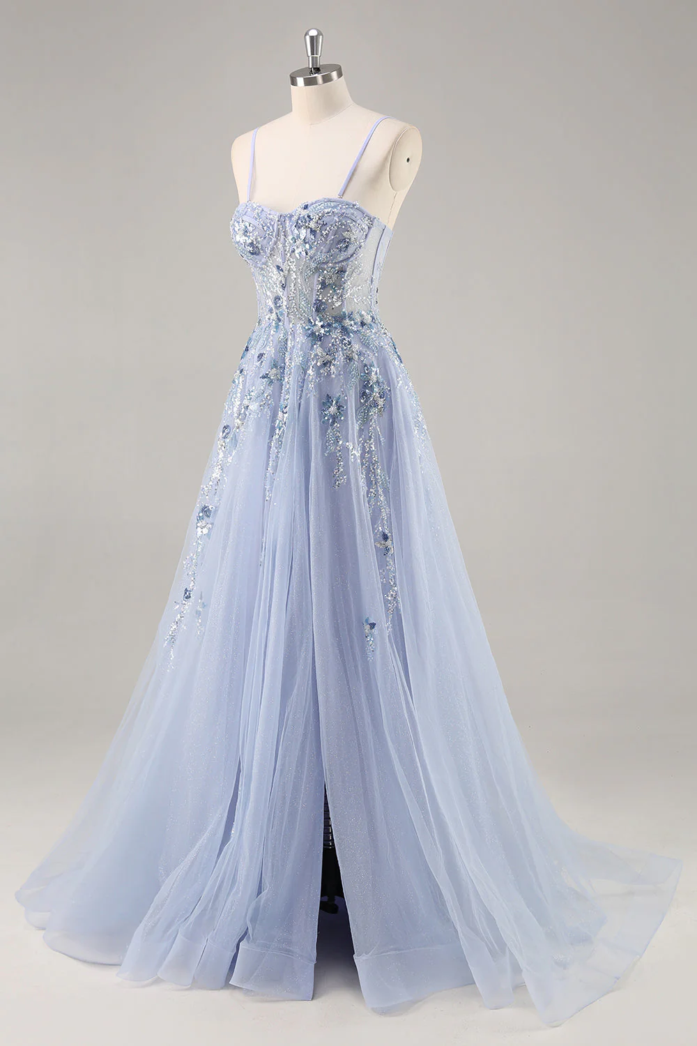 Sparkly Green A Line Strapless Sequins Corset Tulle Long Prom Dress With Slit - Image 10
