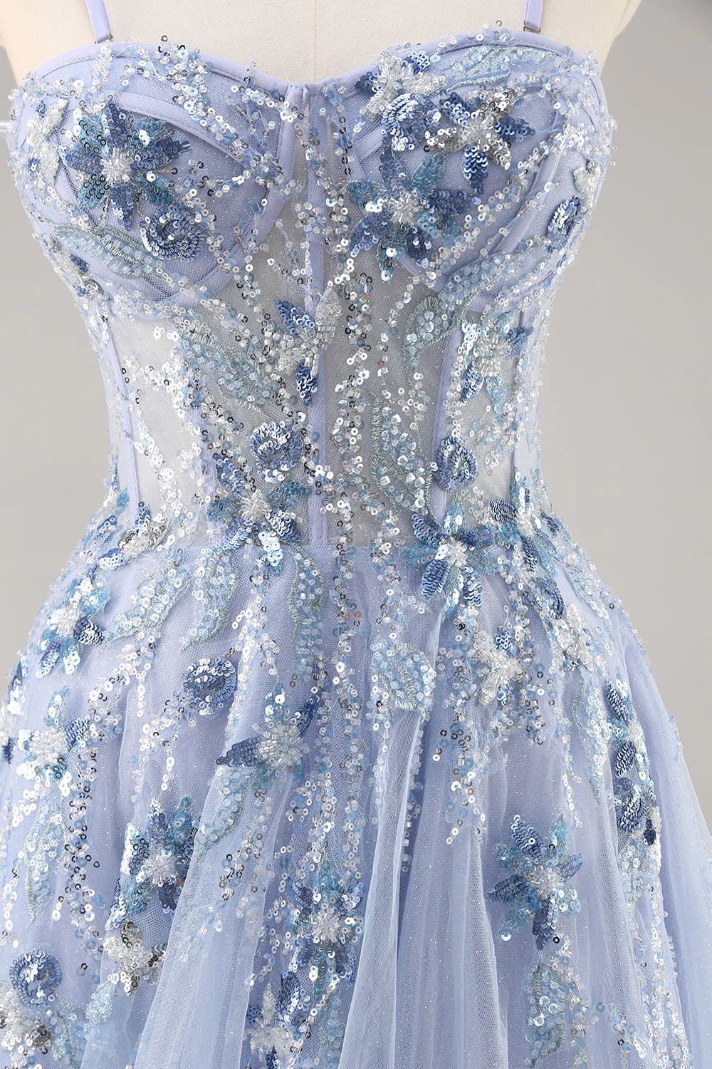 Sparkly Green A Line Strapless Sequins Corset Tulle Long Prom Dress With Slit - Image 12