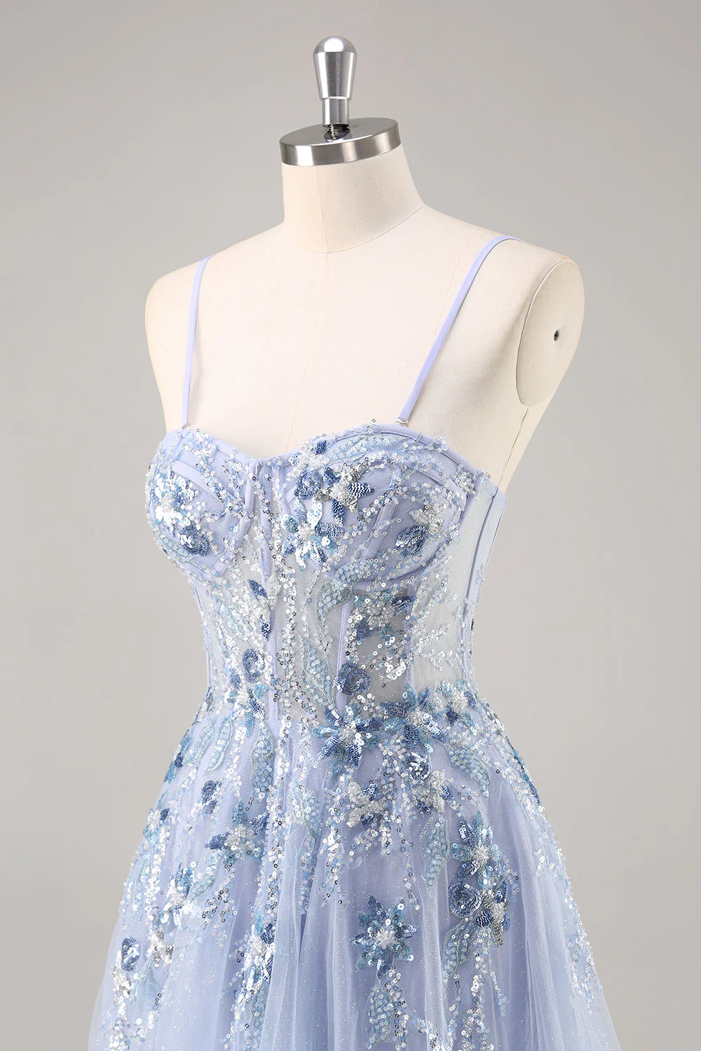 Sparkly Green A Line Strapless Sequins Corset Tulle Long Prom Dress With Slit - Image 14