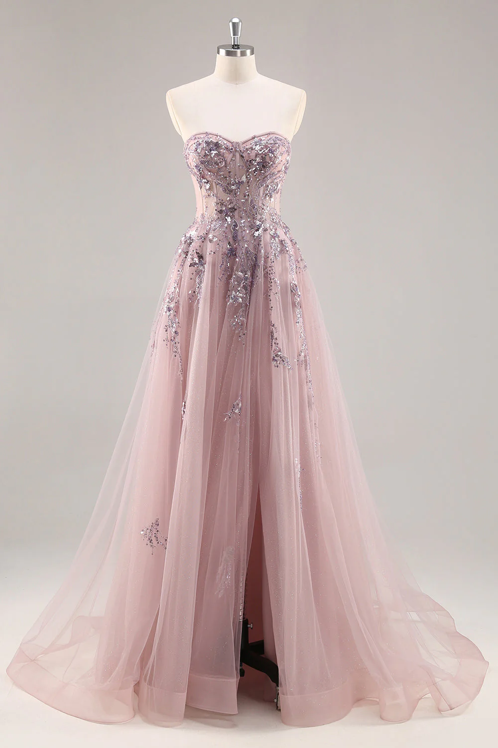 Sparkly Green A Line Strapless Sequins Corset Tulle Long Prom Dress With Slit - Image 16