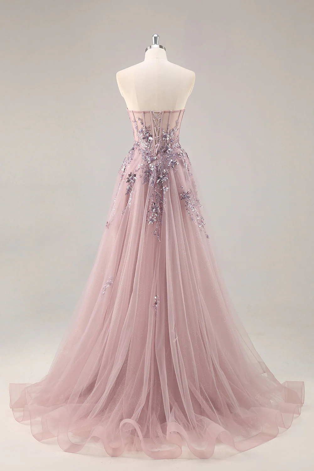 Sparkly Green A Line Strapless Sequins Corset Tulle Long Prom Dress With Slit - Image 17