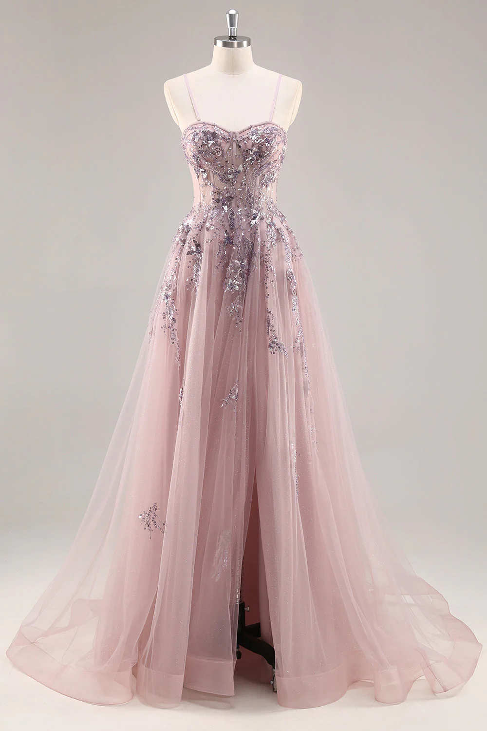 Sparkly Green A Line Strapless Sequins Corset Tulle Long Prom Dress With Slit - Image 18