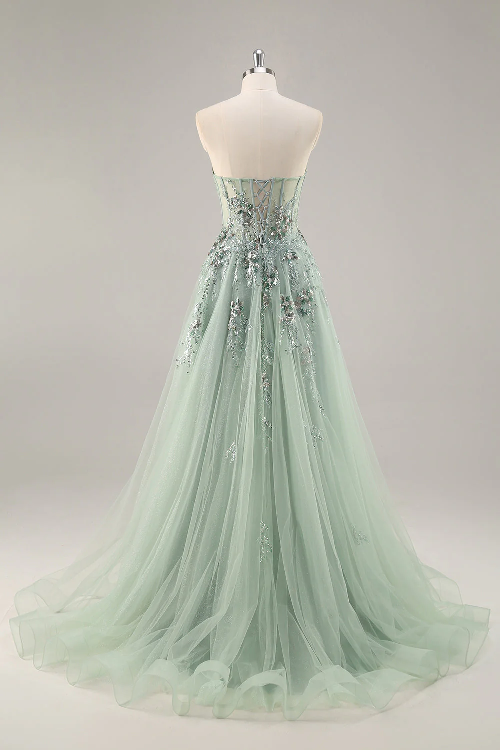Sparkly Green A Line Strapless Sequins Corset Tulle Long Prom Dress With Slit - Image 2