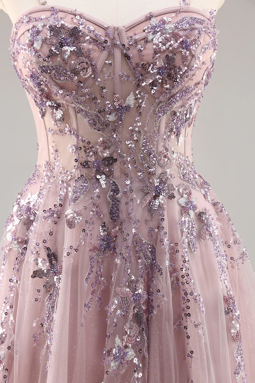 Sparkly Green A Line Strapless Sequins Corset Tulle Long Prom Dress With Slit - Image 21