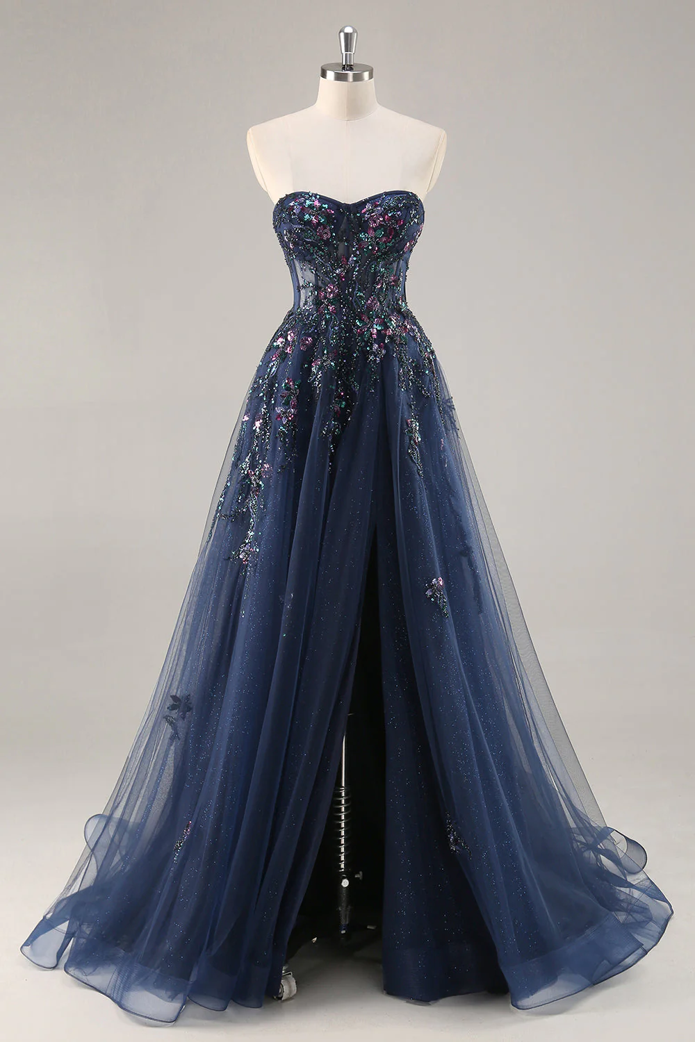 Sparkly Green A Line Strapless Sequins Corset Tulle Long Prom Dress With Slit - Image 22