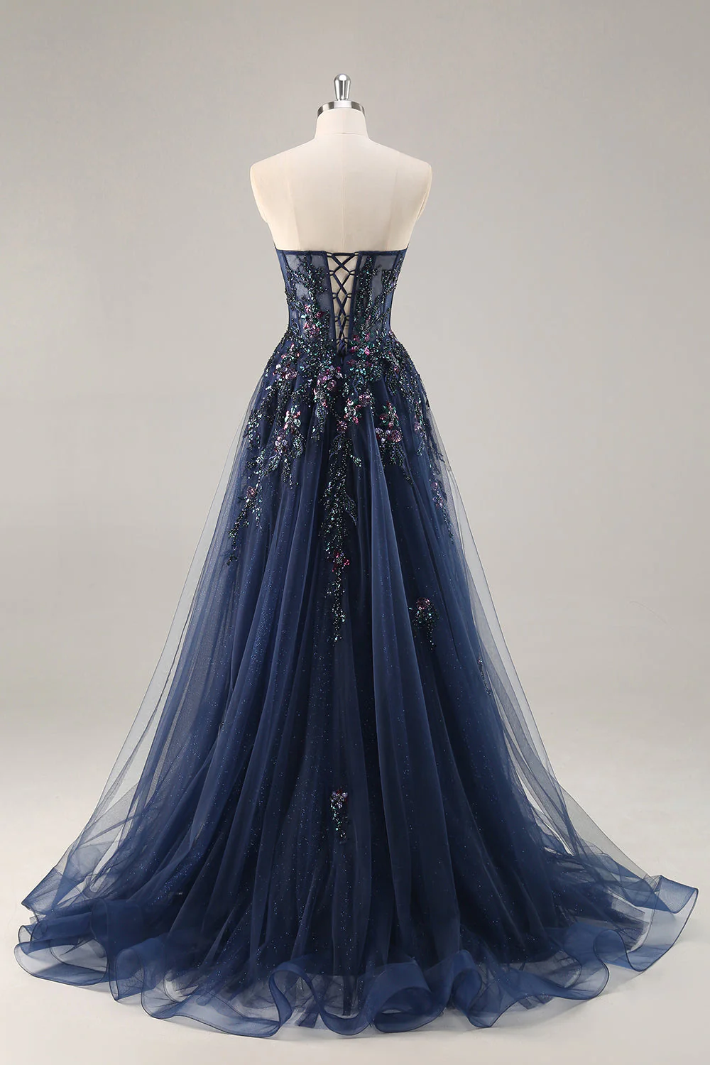 Sparkly Green A Line Strapless Sequins Corset Tulle Long Prom Dress With Slit - Image 23