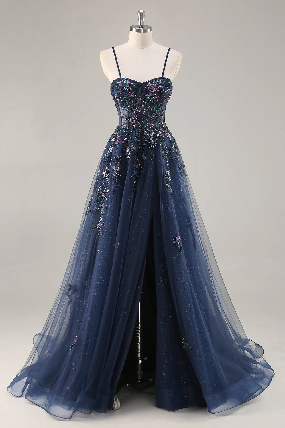 Sparkly Green A Line Strapless Sequins Corset Tulle Long Prom Dress With Slit - Image 24