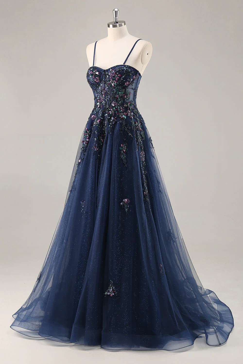 Sparkly Green A Line Strapless Sequins Corset Tulle Long Prom Dress With Slit - Image 25
