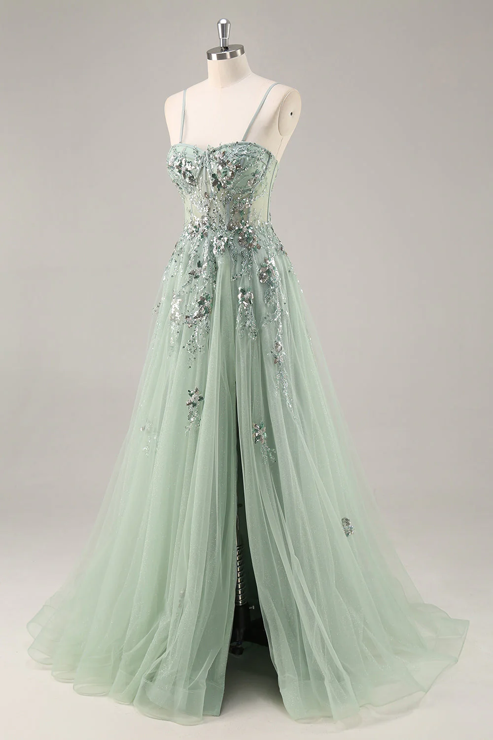 Sparkly Green A Line Strapless Sequins Corset Tulle Long Prom Dress With Slit - Image 3