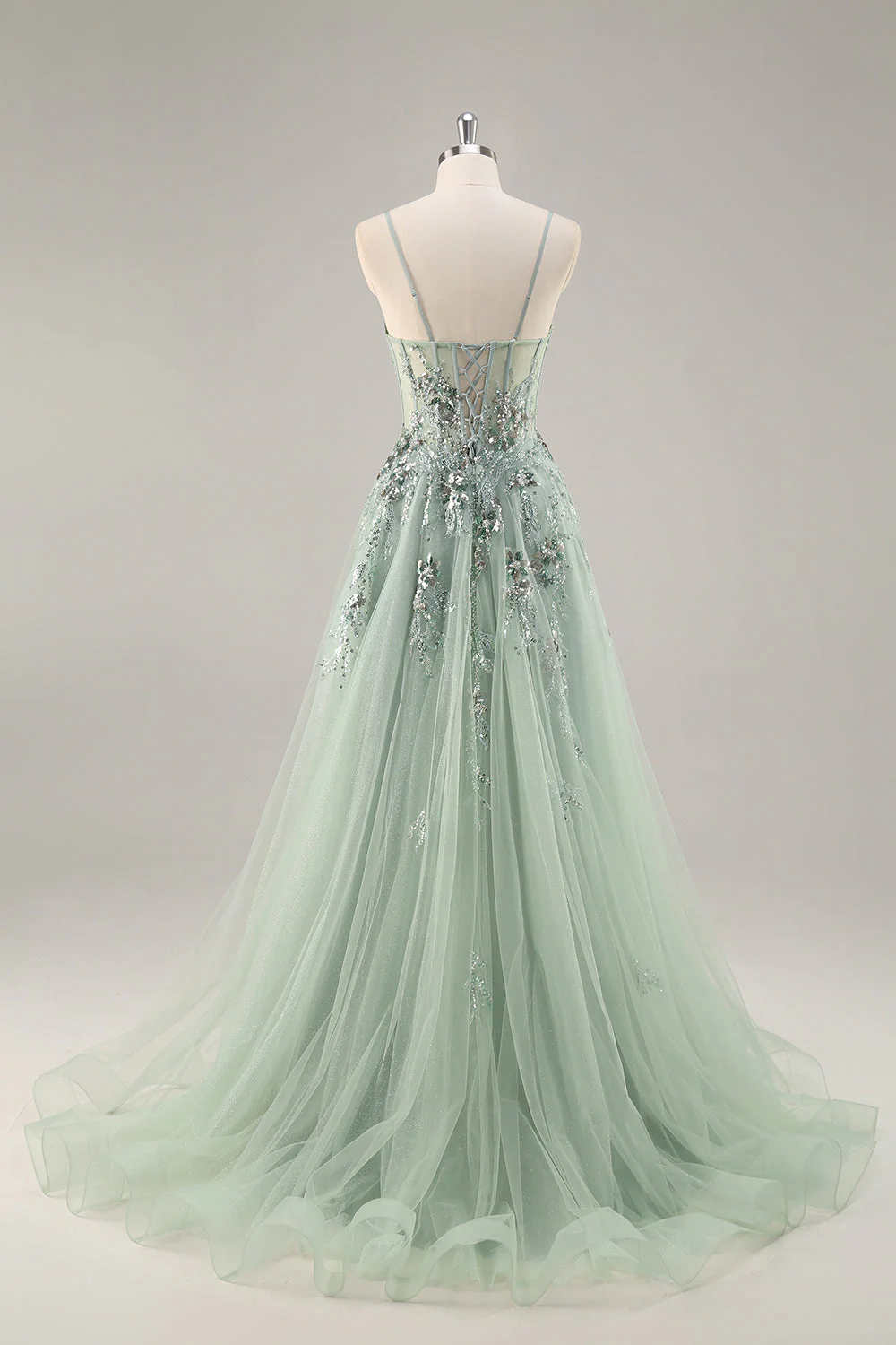 Sparkly Green A Line Strapless Sequins Corset Tulle Long Prom Dress With Slit - Image 4