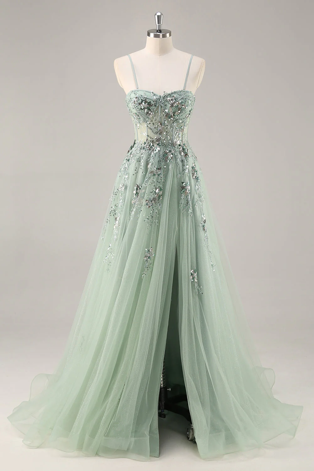 Sparkly Green A Line Strapless Sequins Corset Tulle Long Prom Dress With Slit - Image 5