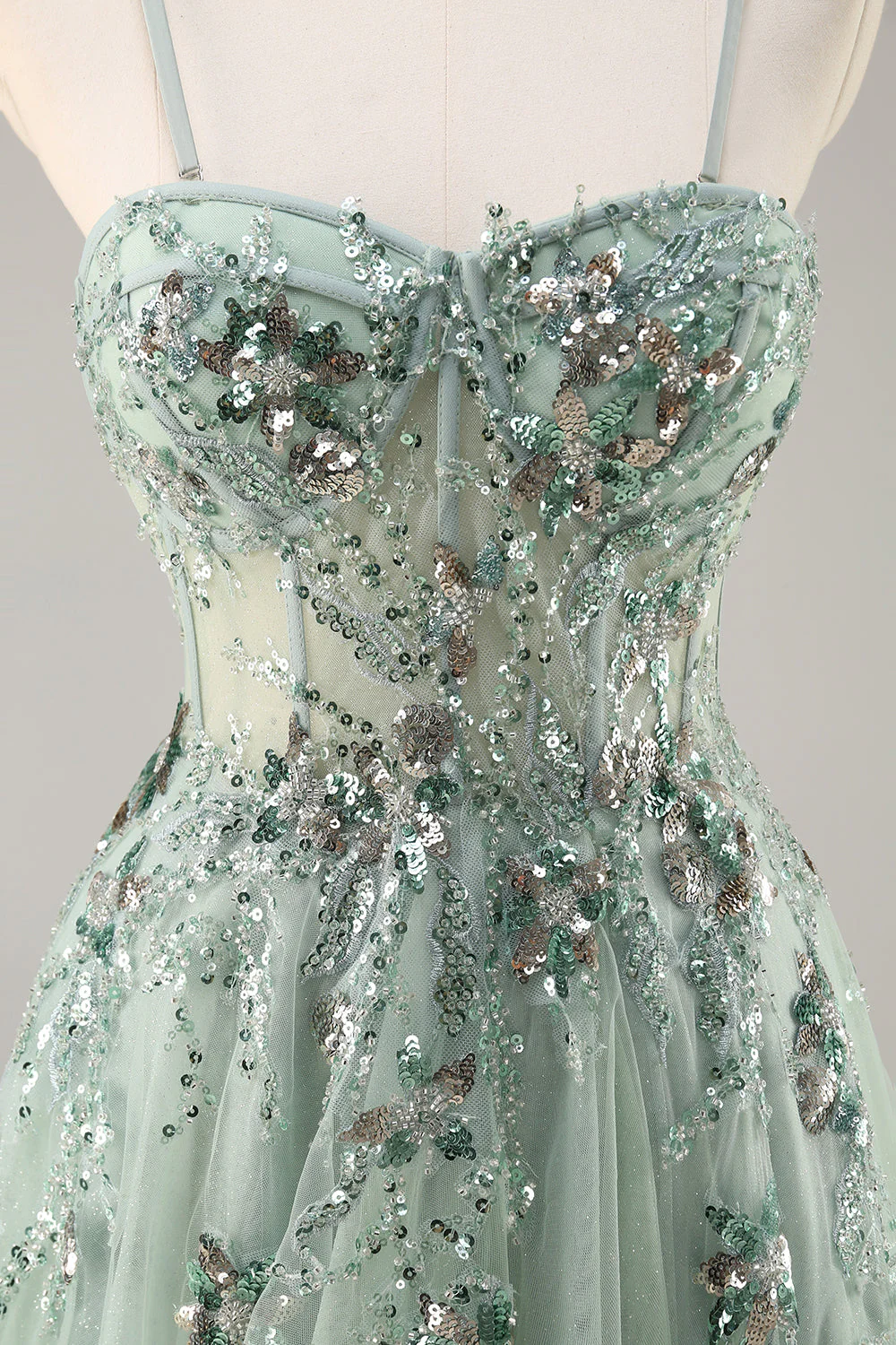 Sparkly Green A Line Strapless Sequins Corset Tulle Long Prom Dress With Slit - Image 6