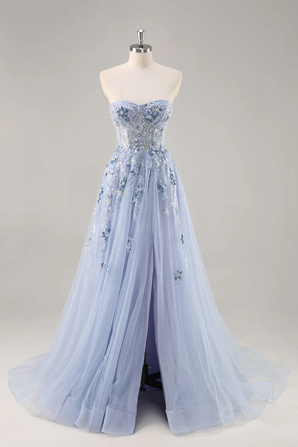 Sparkly Green A Line Strapless Sequins Corset Tulle Long Prom Dress With Slit - Image 7