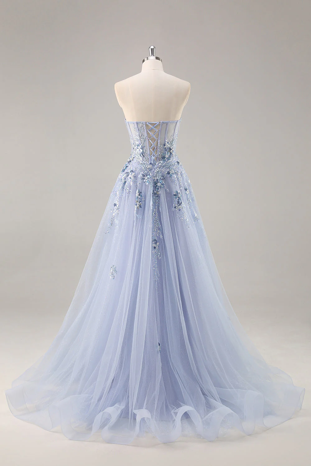 Sparkly Green A Line Strapless Sequins Corset Tulle Long Prom Dress With Slit - Image 8