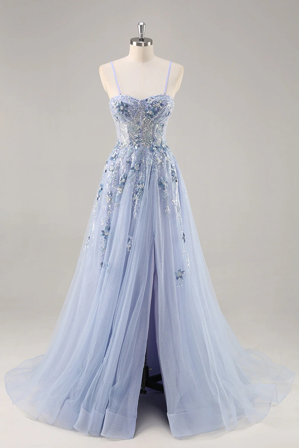 Sparkly Green A Line Strapless Sequins Corset Tulle Long Prom Dress With Slit - Image 9
