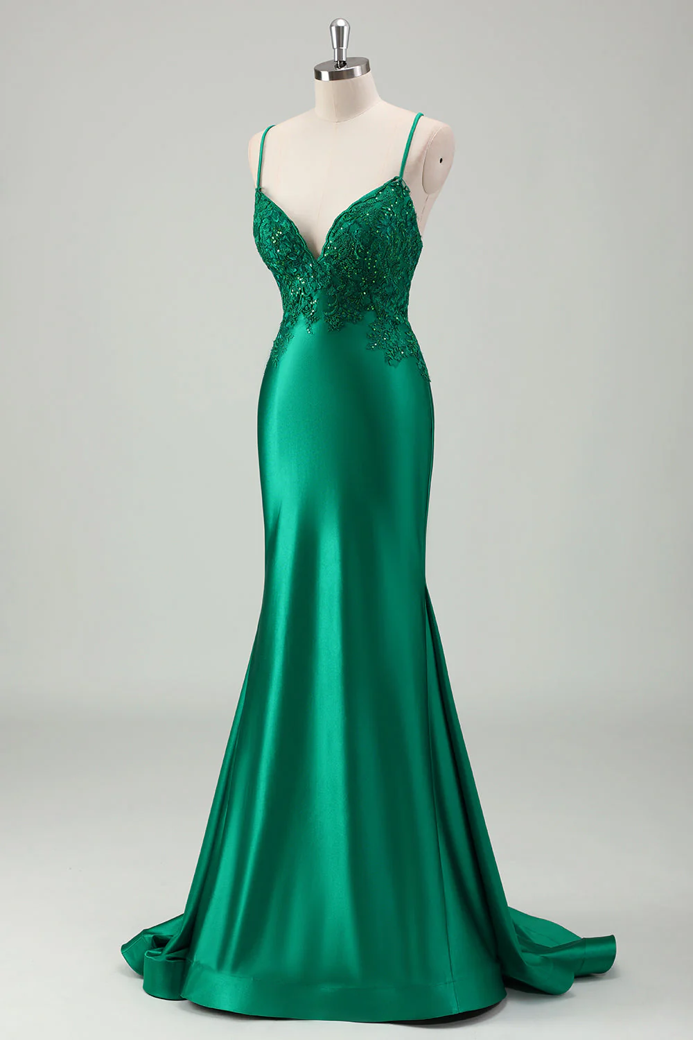 Sparkly Green Mermaid Spaghetti Straps Satin Long Prom Dress with Appliques - Image 3