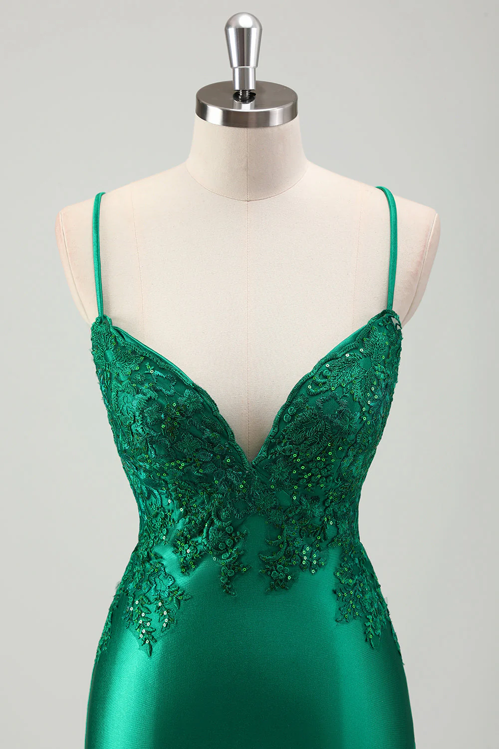 Sparkly Green Mermaid Spaghetti Straps Satin Long Prom Dress with Appliques - Image 4