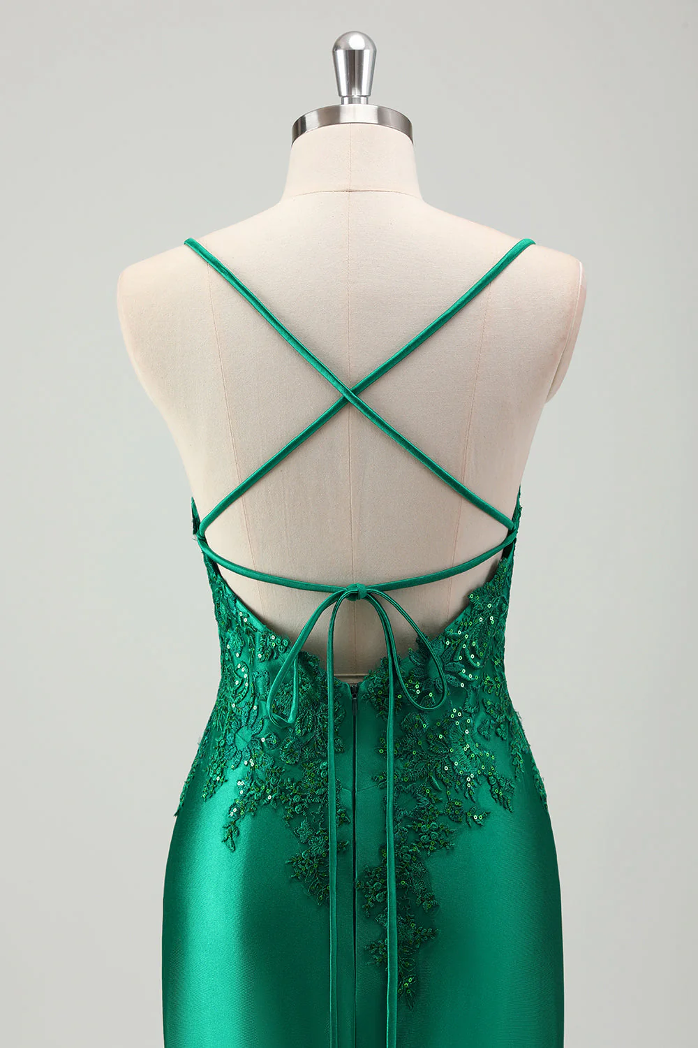 Sparkly Green Mermaid Spaghetti Straps Satin Long Prom Dress with Appliques - Image 5