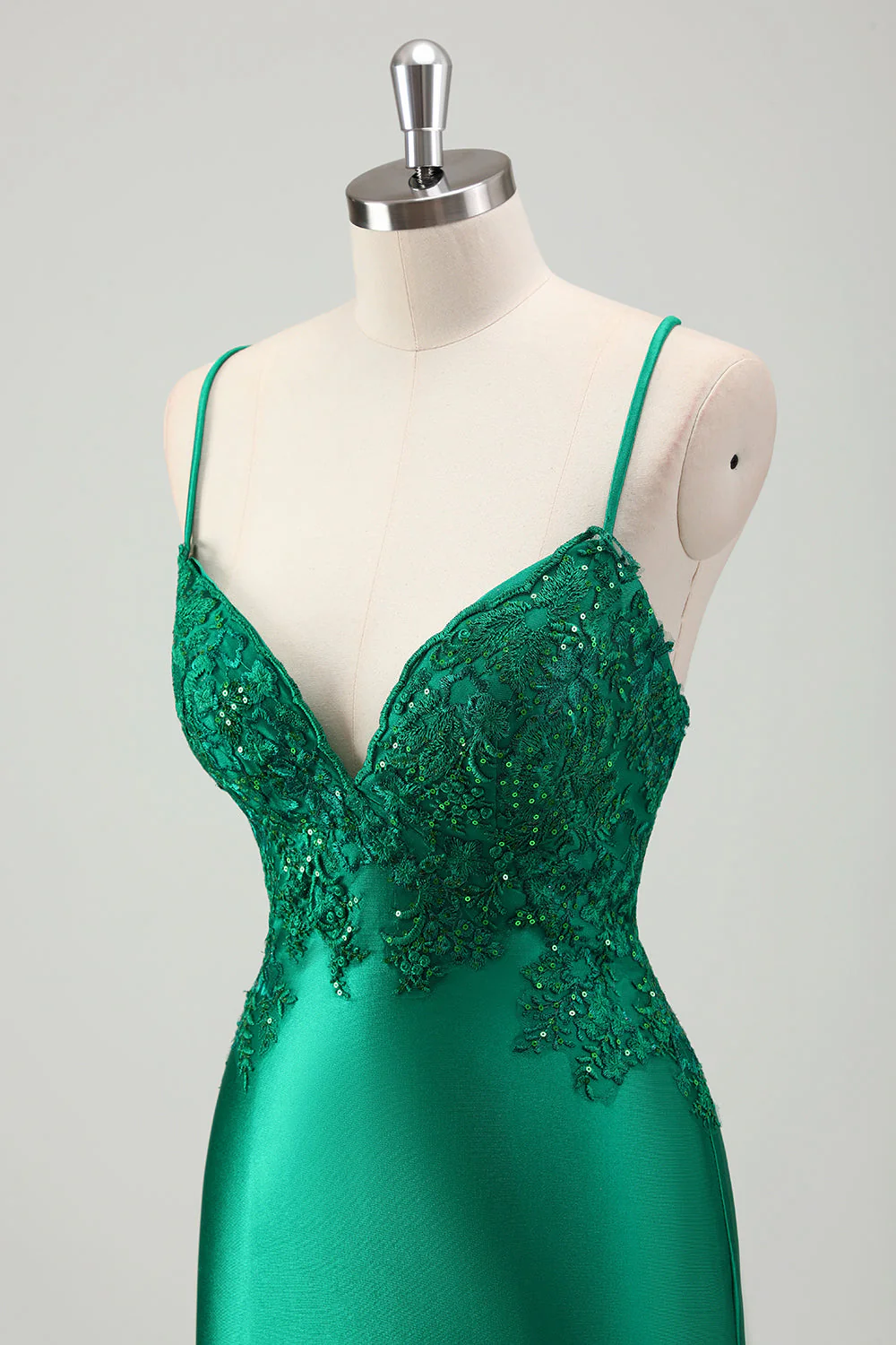 Sparkly Green Mermaid Spaghetti Straps Satin Long Prom Dress with Appliques - Image 6