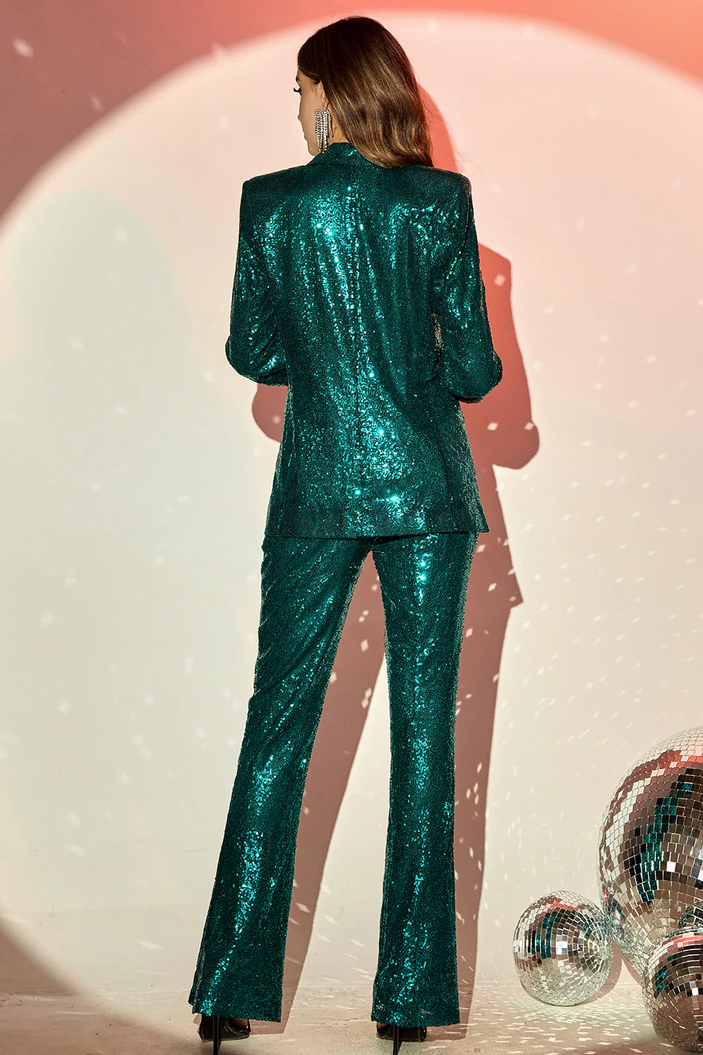 Sparkly Green Sequins Notched Lapel Women Choir Suits with Belt - Image 2