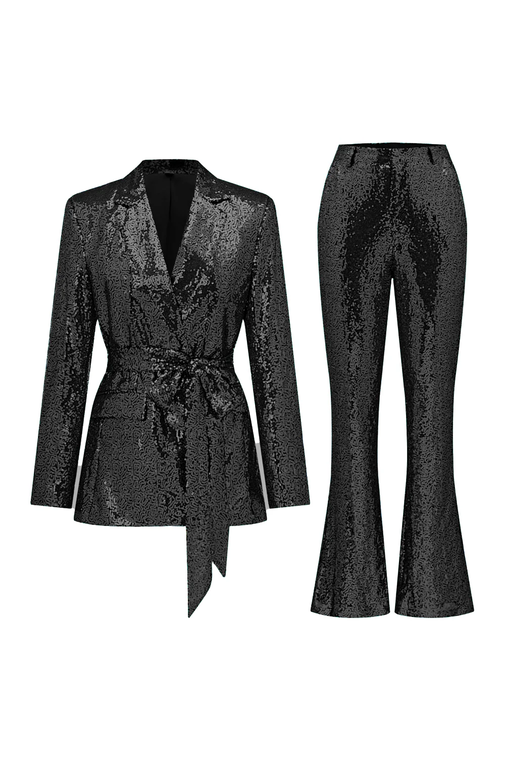 Sparkly Green Sequins Notched Lapel Women Suits with Belt - Image 12