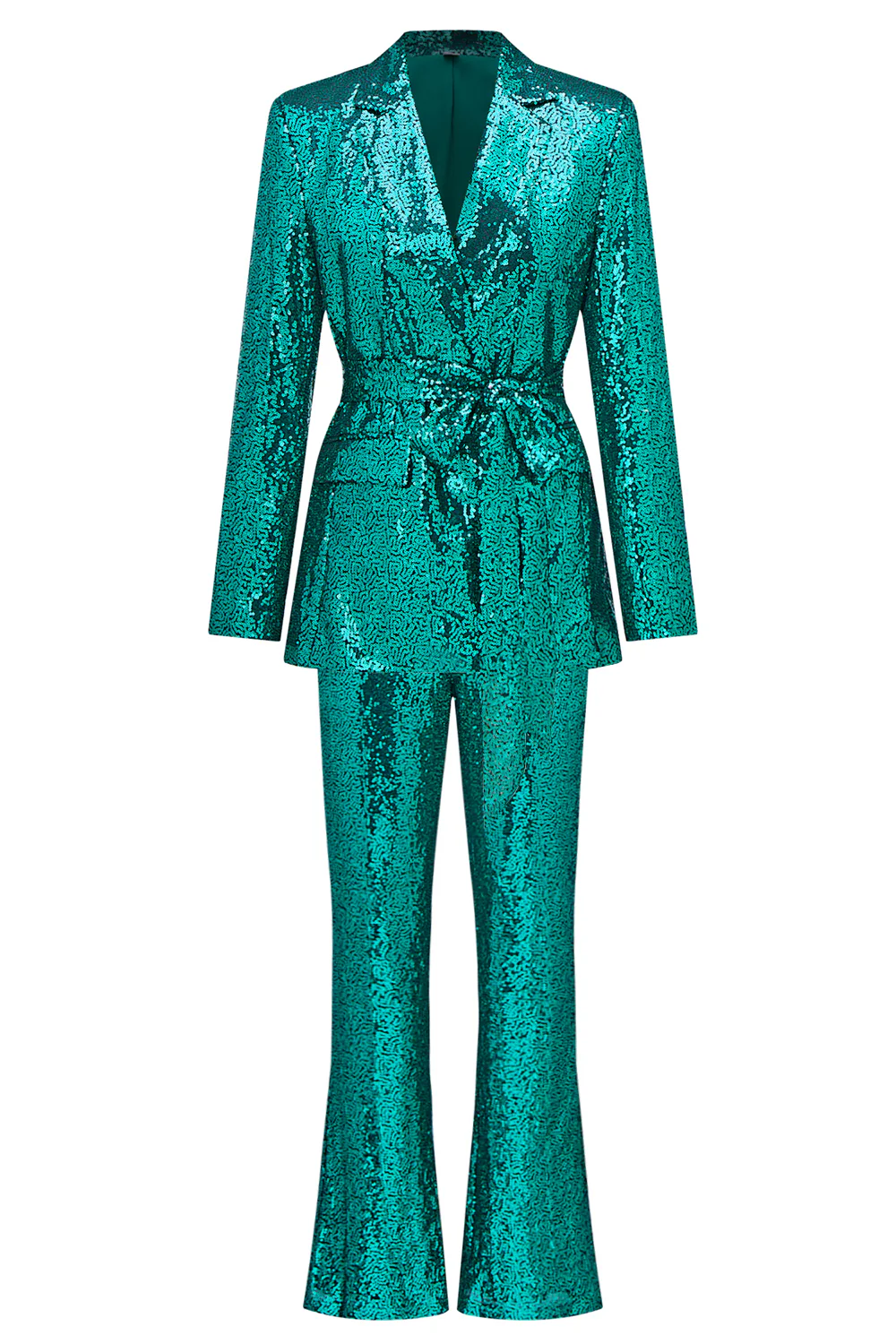 Sparkly Green Sequins Notched Lapel Women Suits with Belt - Image 3
