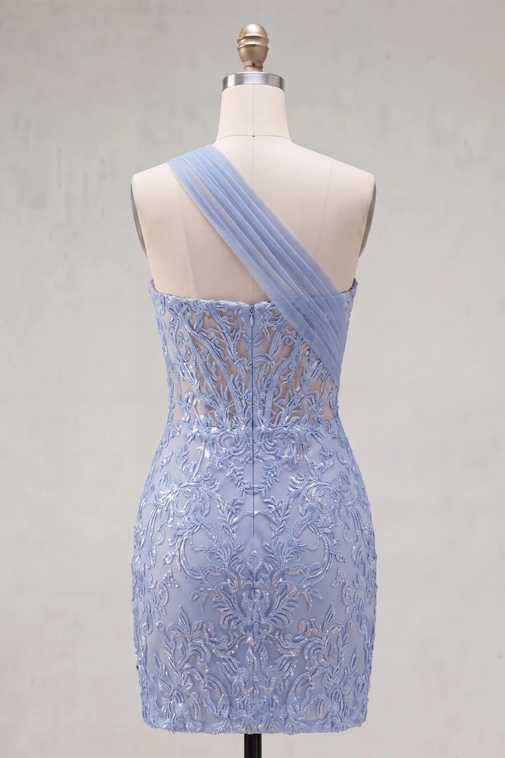 Sparkly Grey Blue Corset One Shoulder Bodycon Cocktail Dress - Image 2