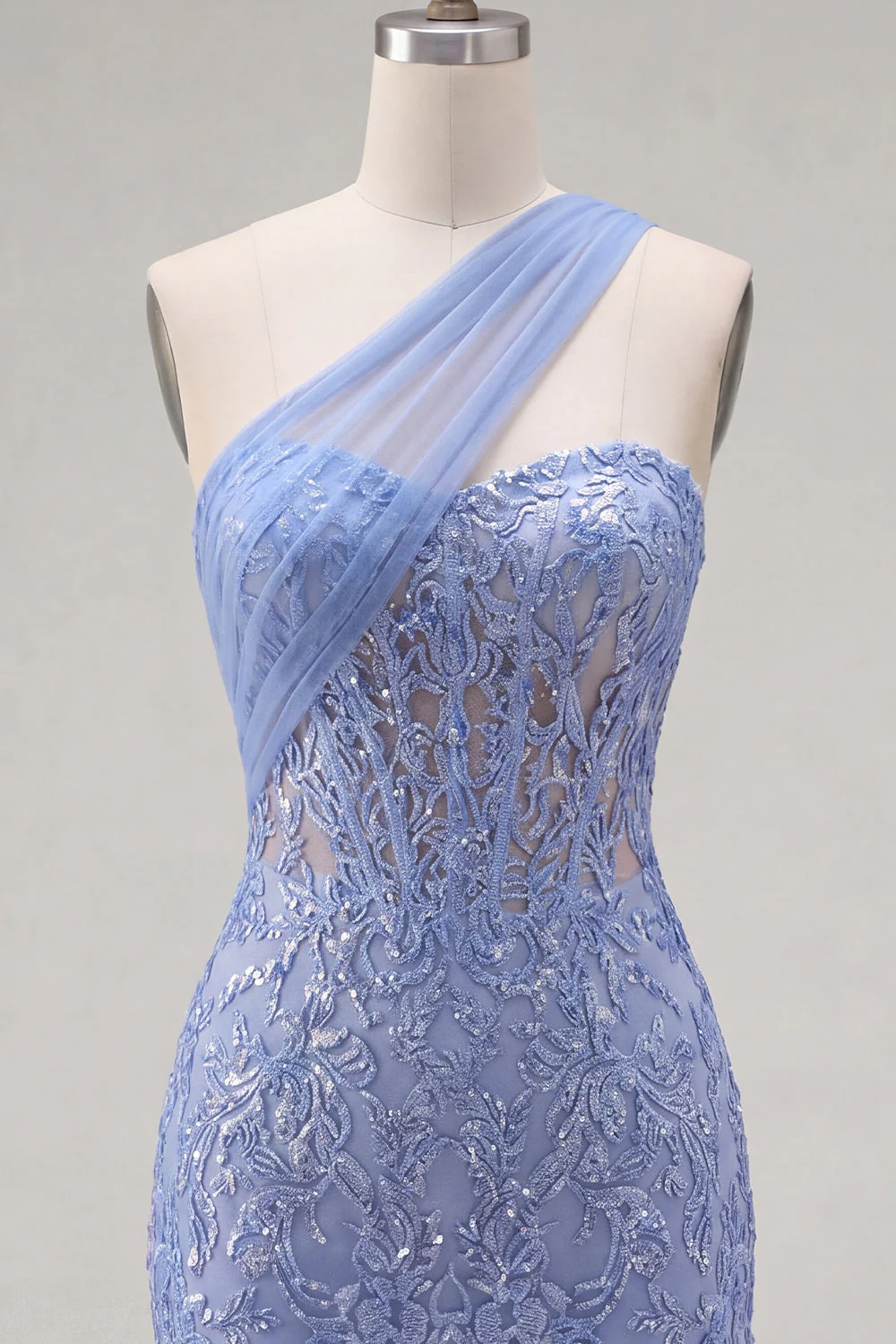 Sparkly Grey Blue Corset One Shoulder Bodycon Cocktail Dress - Image 5