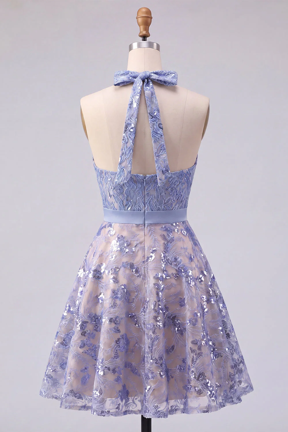 Sparkly Grey Blue Halter A Line Mini Cocktail Dress with Sequins - Image 2