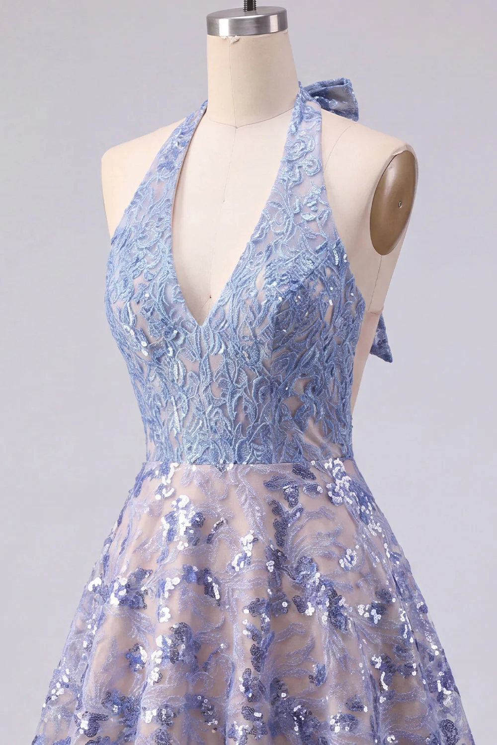 Sparkly Grey Blue Halter A Line Mini Cocktail Dress with Sequins - Image 5