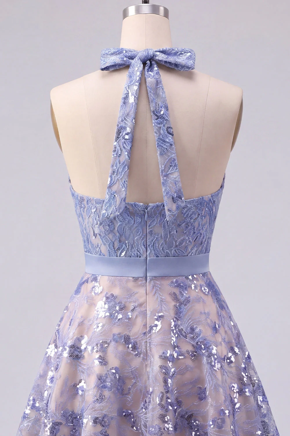 Sparkly Grey Blue Halter A Line Mini Cocktail Dress with Sequins - Image 6