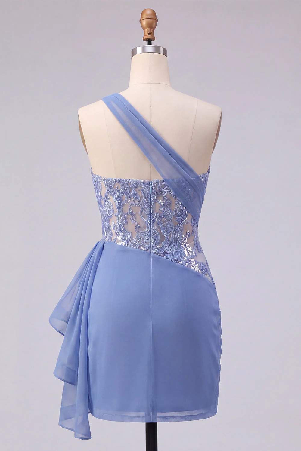 Grey Blue One Shoulder Corset Bodycon Short Cocktail Dress with Sash - Image 2