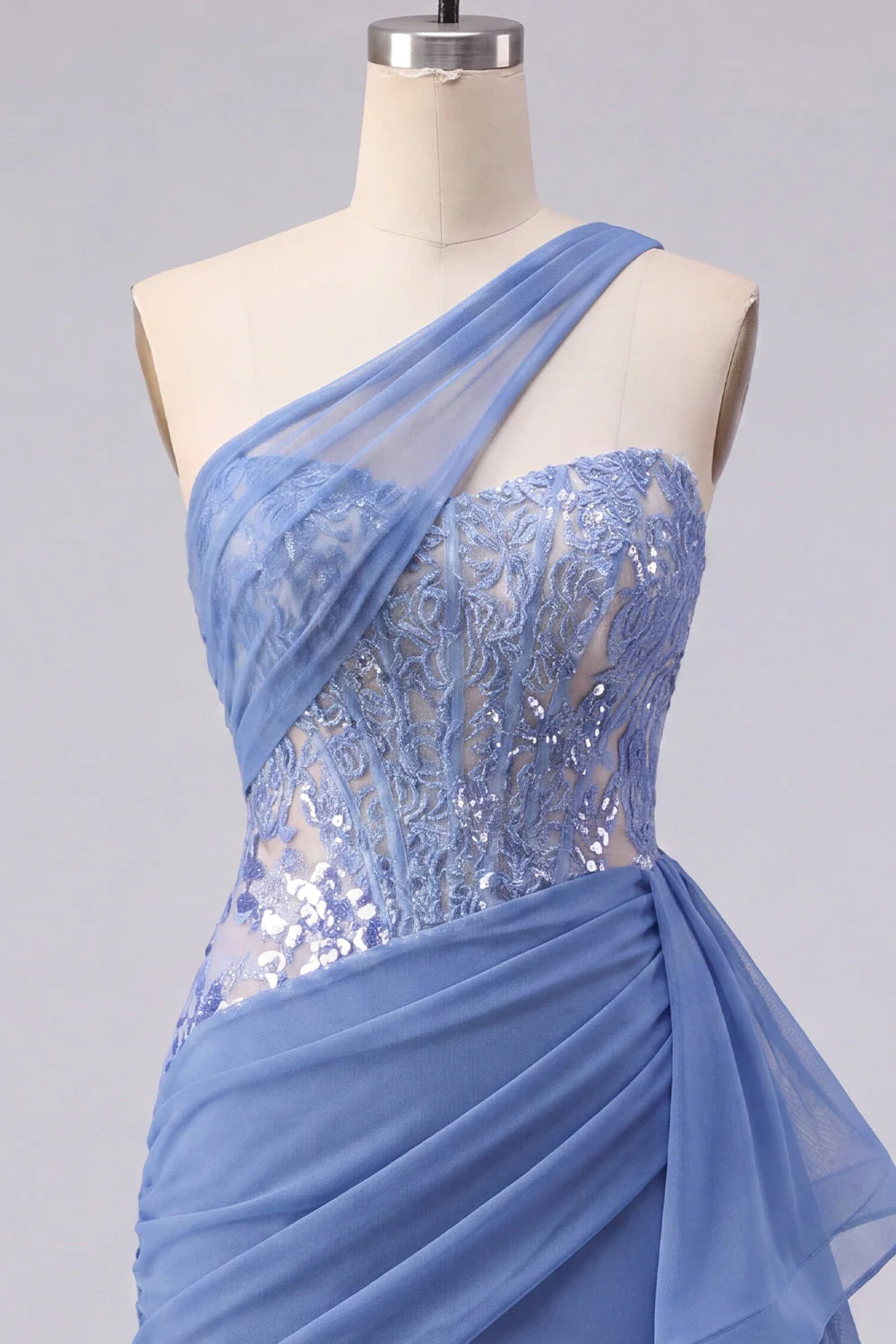 Grey Blue One Shoulder Corset Bodycon Short Cocktail Dress with Sash - Image 5