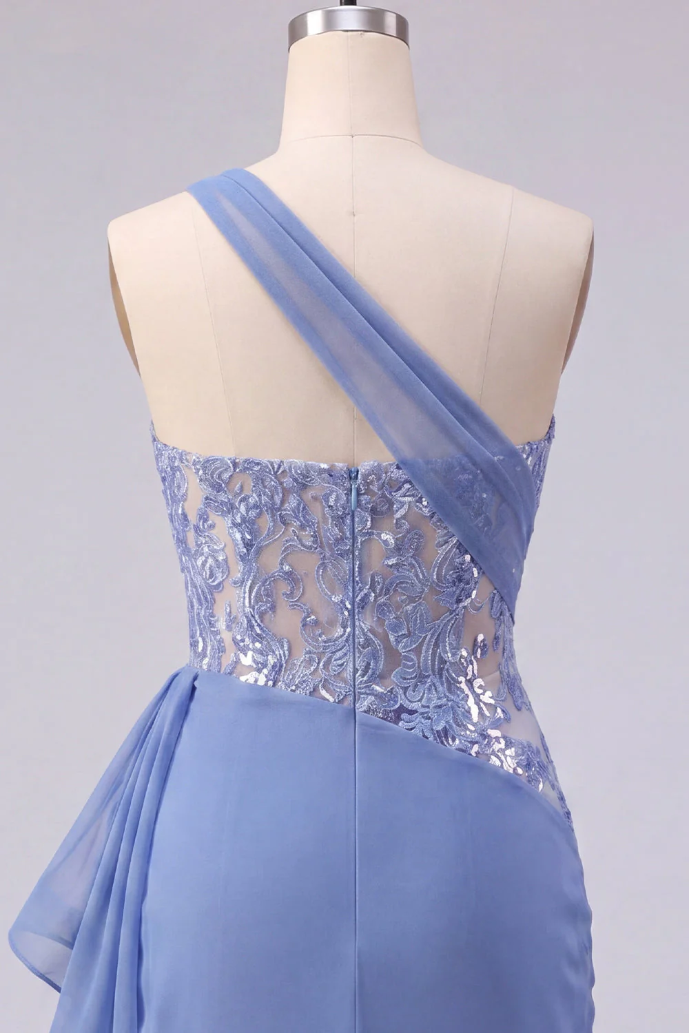 Grey Blue One Shoulder Corset Bodycon Short Cocktail Dress with Sash - Image 6