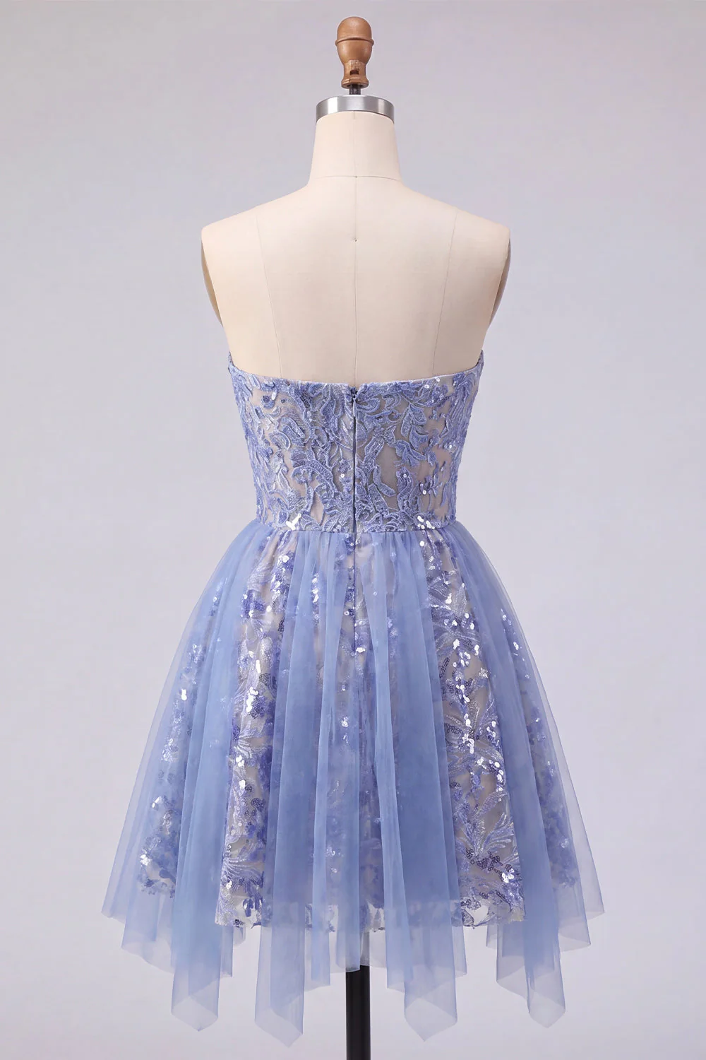 Sparkly Grey Blue A Line Strapless Short Cocktail Dress with Sequins - Image 2