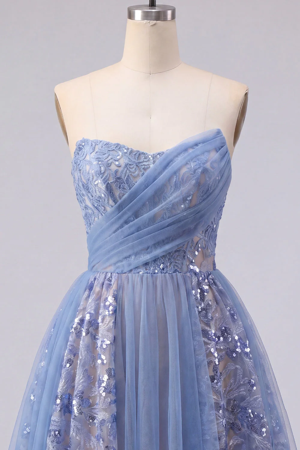 Sparkly Grey Blue A Line Strapless Short Cocktail Dress with Sequins - Image 5
