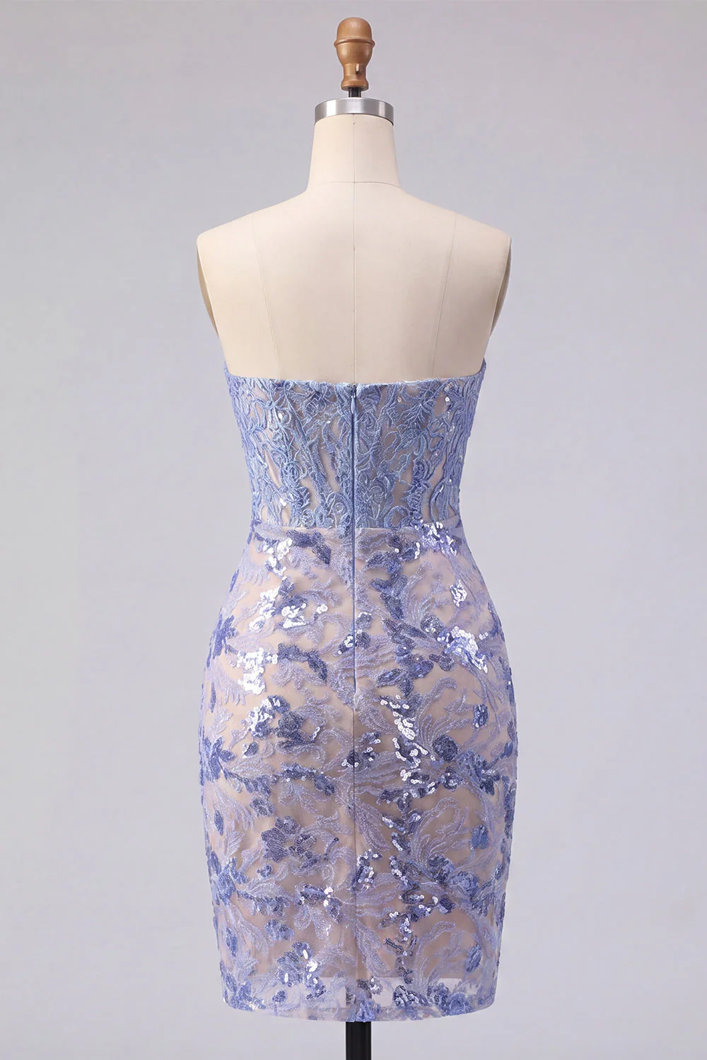 Strapless Grey Blue Basque Waist Corset Bodycon Short Cocktail Dress with Sequins - Image 2