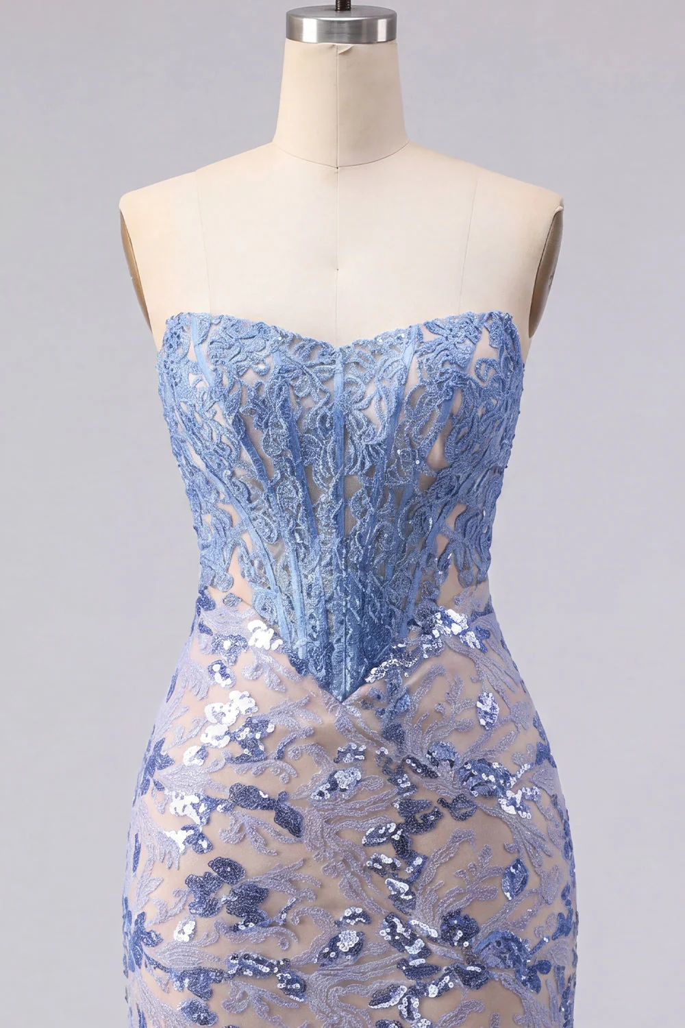 Strapless Grey Blue Basque Waist Corset Bodycon Short Cocktail Dress with Sequins - Image 5