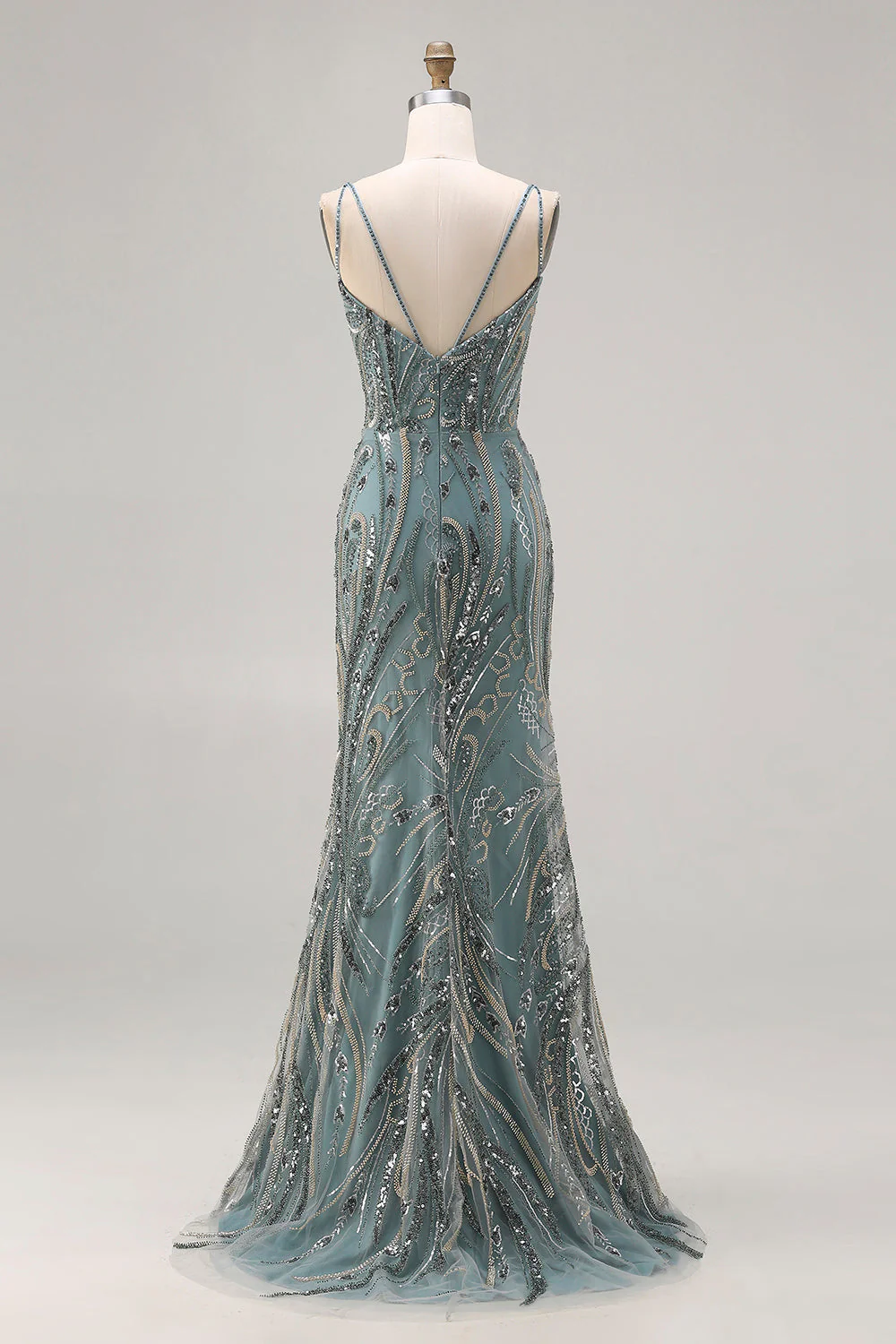 Sparkly Grey Green Mermaid Beaded Sequin Long Prom Dress - Image 2