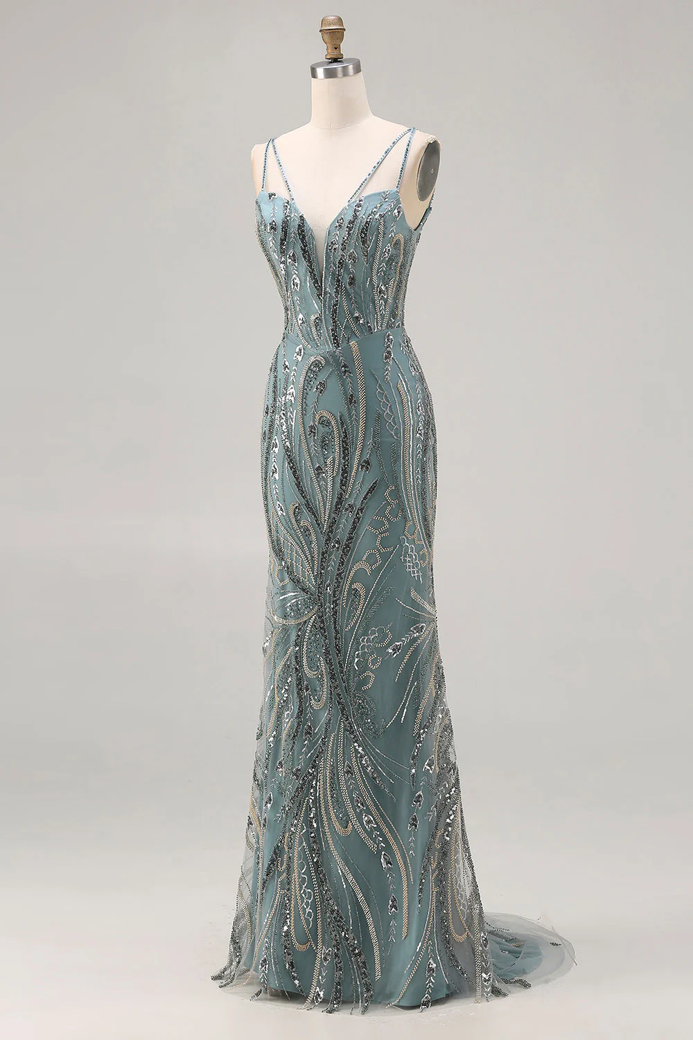 Sparkly Grey Green Mermaid Beaded Sequin Long Prom Dress - Image 3
