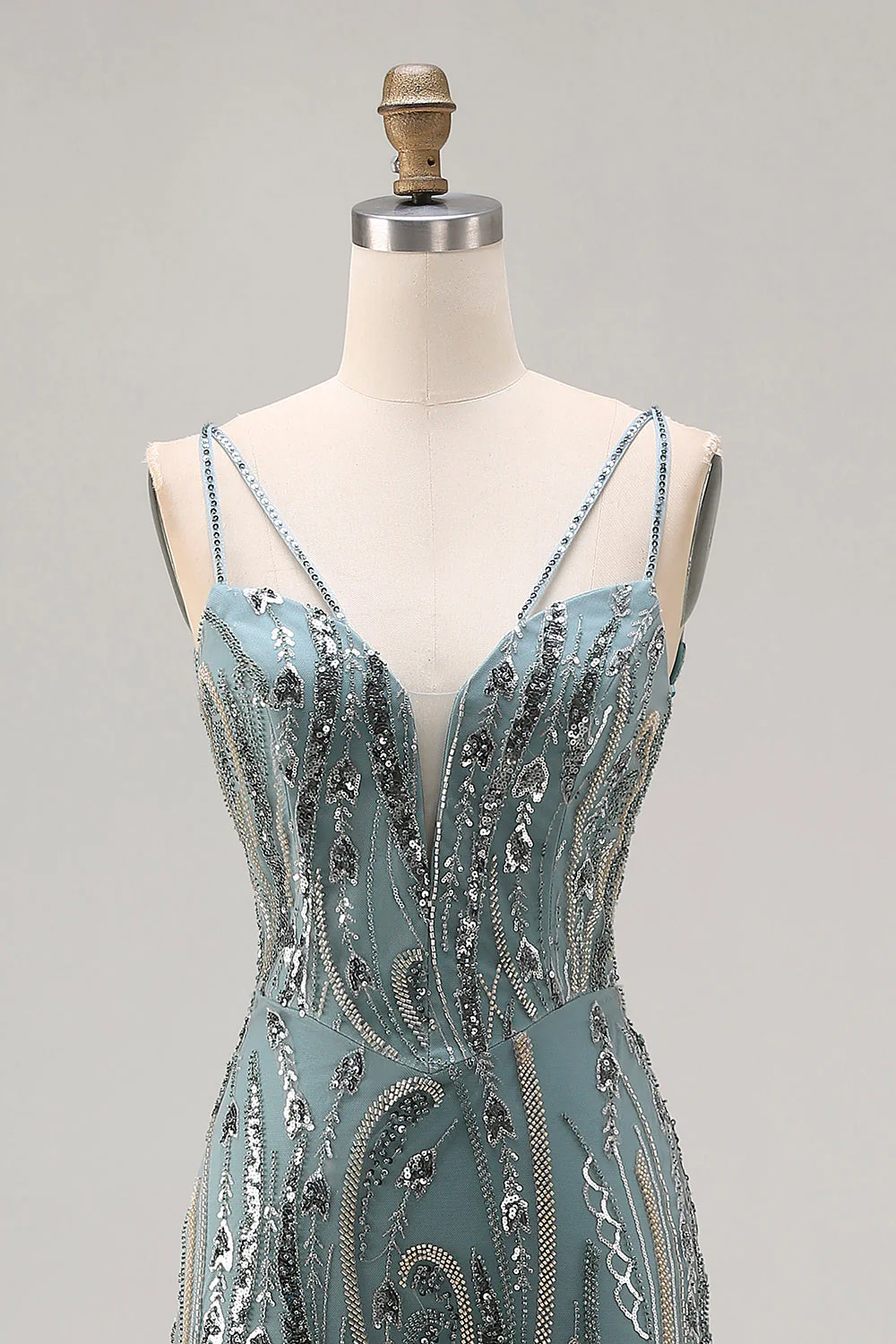Sparkly Grey Green Mermaid Beaded Sequin Long Prom Dress - Image 4
