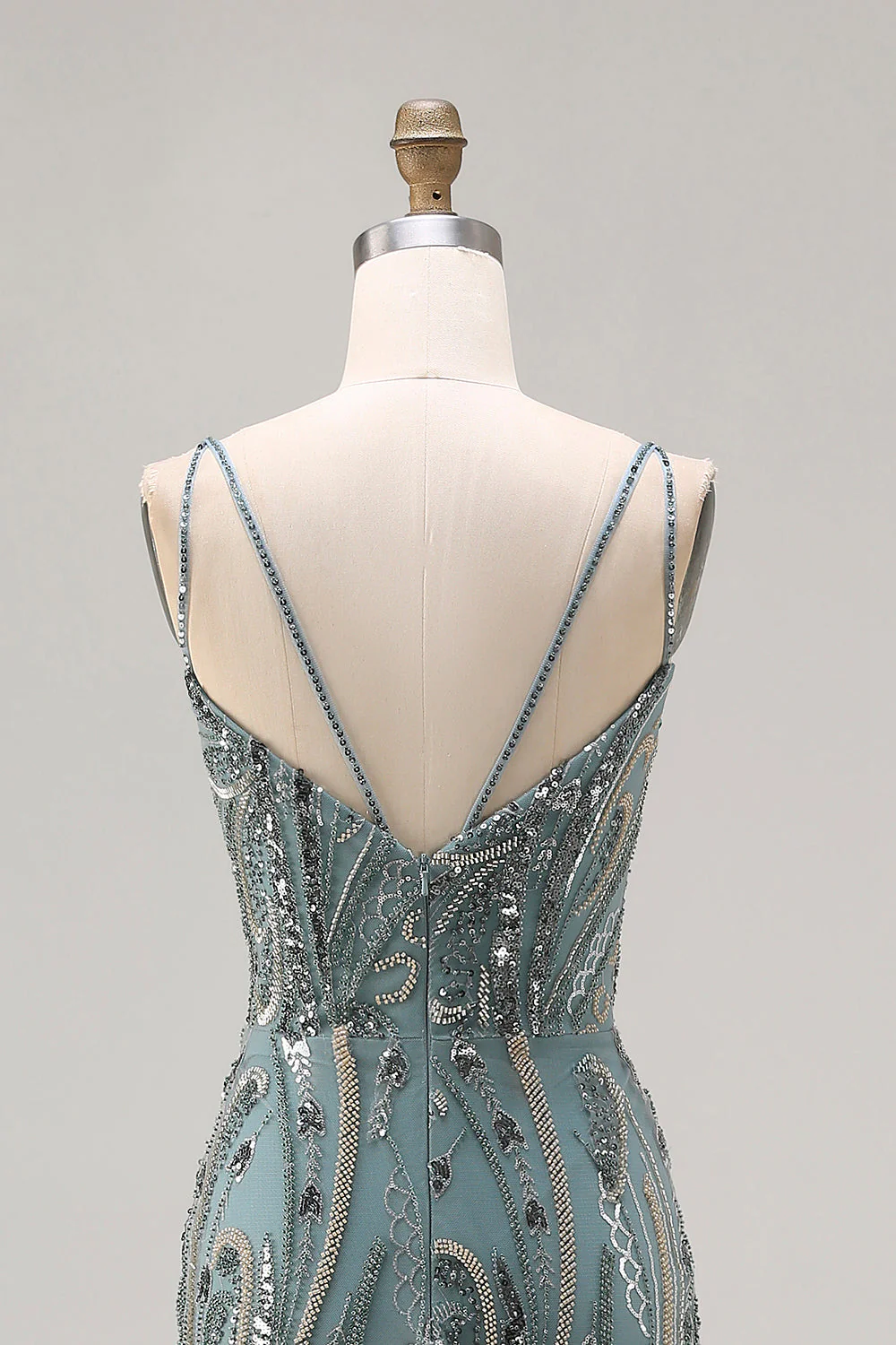 Sparkly Grey Green Mermaid Beaded Sequin Long Prom Dress - Image 5