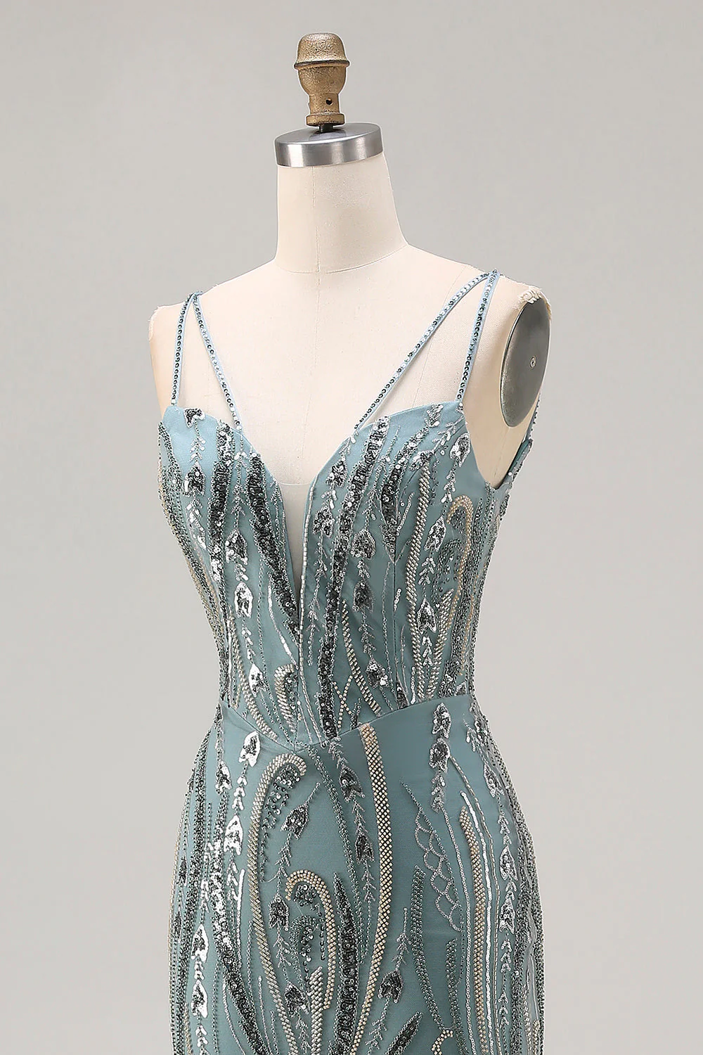 Sparkly Grey Green Mermaid Beaded Sequin Long Prom Dress - Image 6
