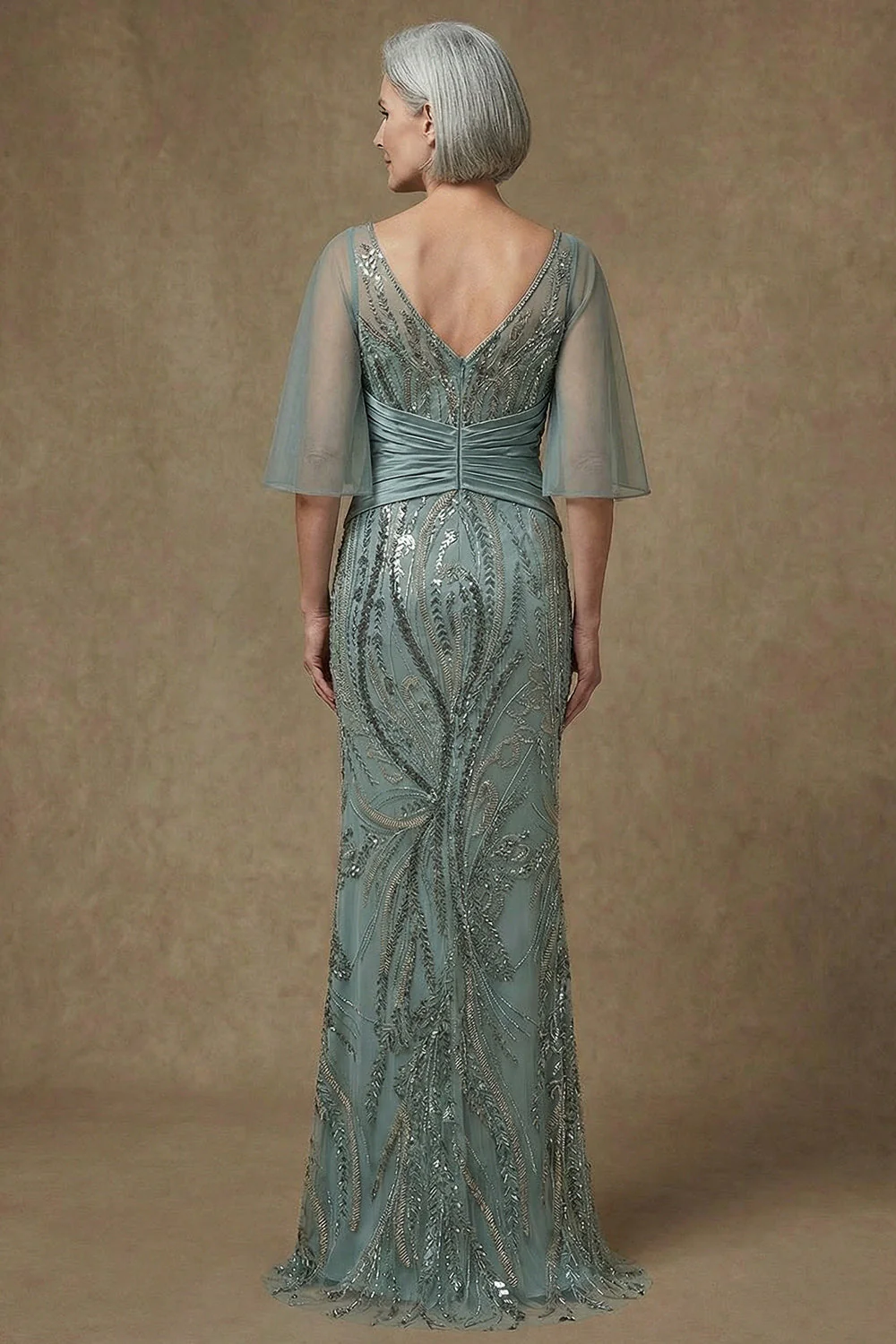 Sparkly Grey Green Mermaid Half Sleeves Sequins Mother of the Bride Dress with Slit - Image 2