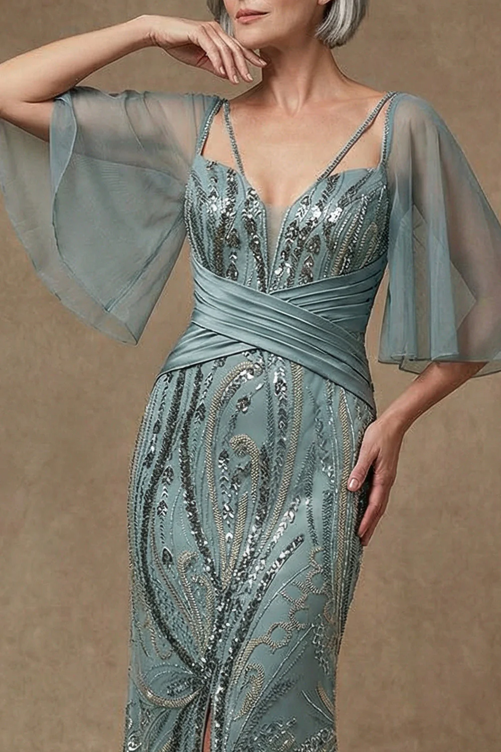 Sparkly Grey Green Mermaid Half Sleeves Sequins Mother of the Bride Dress with Slit - Image 3