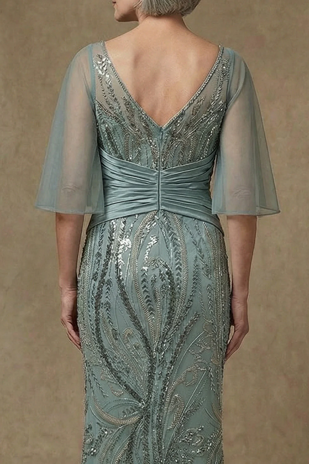Sparkly Grey Green Mermaid Half Sleeves Sequins Mother of the Bride Dress with Slit - Image 4